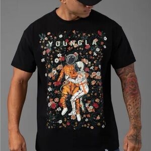YoungLA Black Tee with Astronaut Floral Design